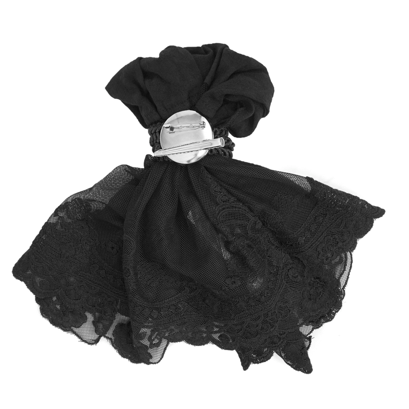Gothic Noir black cravat jabot for men with elegant lace detail and stylish brooch accent.