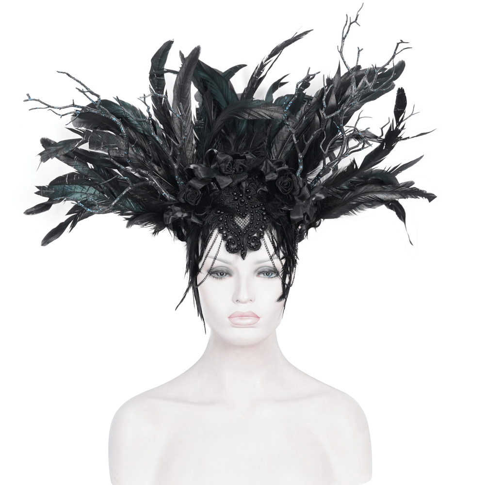 Gothic Noir Feather Crown with floral accents, perfect black headdress for special events and themed parties.