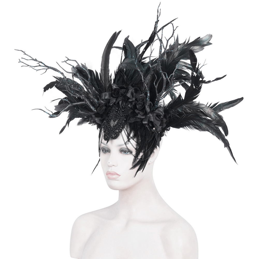 Gothic Noir Feather Crown with floral accents, elegant black headdress for special events and themed parties.