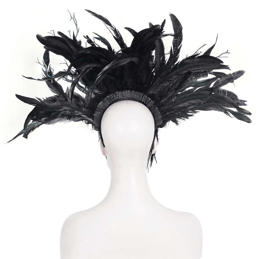 Gothic noir feather crown with floral accents, stylish black headdress for elegant special events.