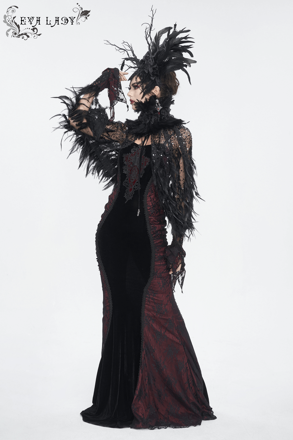 Elegant model showcasing Gothic Noir feather crown and stylish black dress, perfect for themed parties and special events.