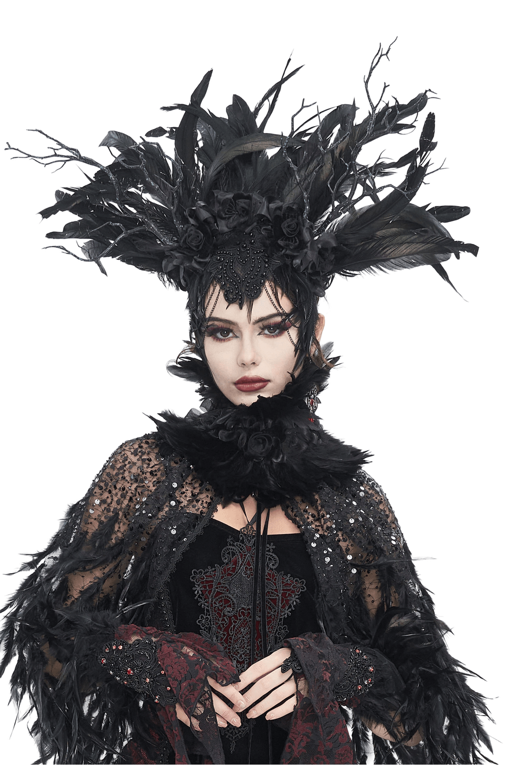 Gothic Noir Feather Crown with floral accents, a stylish black headdress for elegant special events.