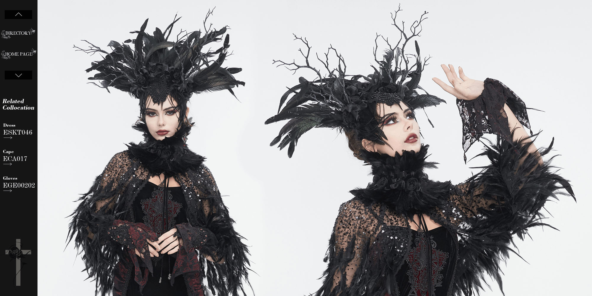 Corona de plumas gótica negra con detalles florales