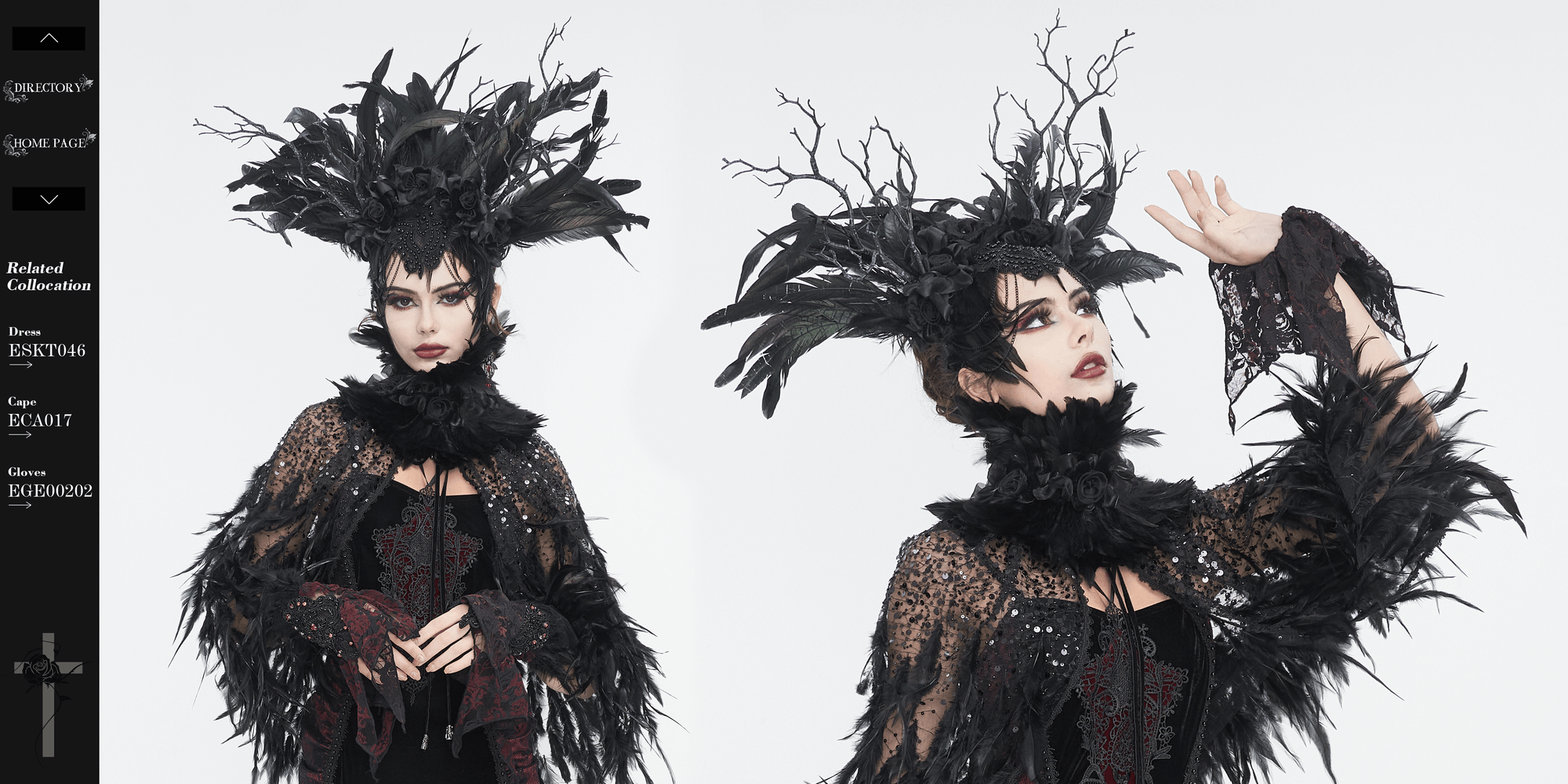 Gothic noir feather crown headdress with floral accents, perfect for elegant themed events and parties.