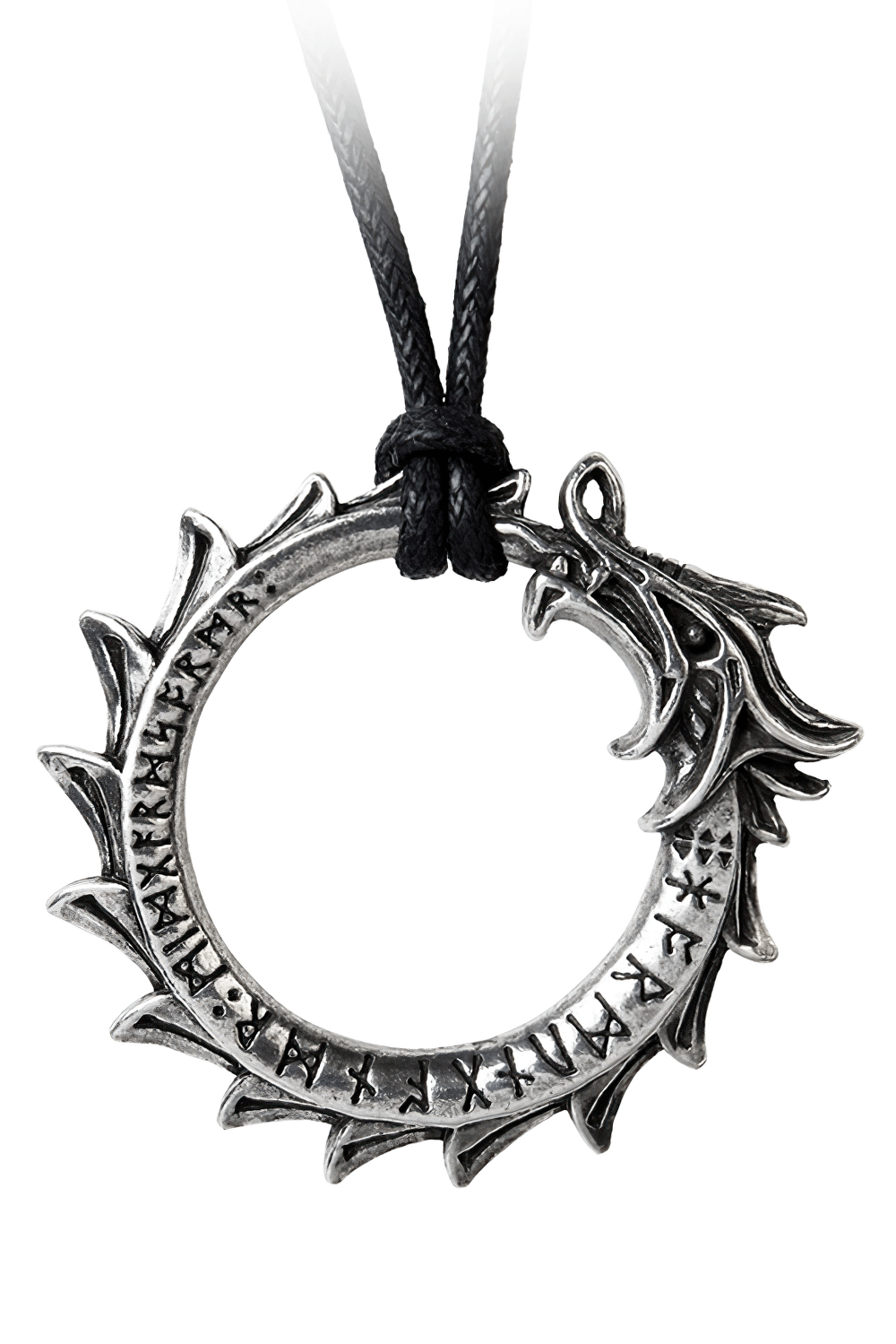 Gothic Norse dragon ouroboros pendant necklace with rune engraving, symbolizing eternity and mythic power.