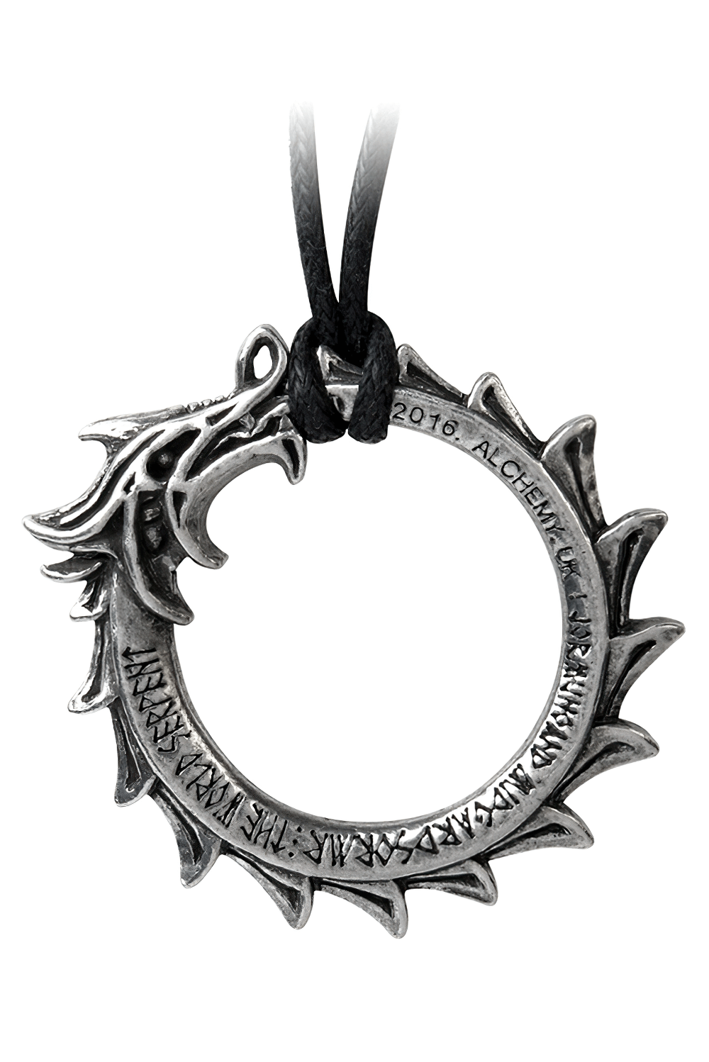 Gothic Norse Dragon Ouroboros Pendant Necklace with rune engravings, hanging on a black cord.