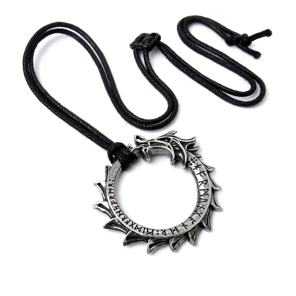 Gothic Norse dragon ouroboros pendant necklace with rune engraving on black cord, inspired by mythology.
