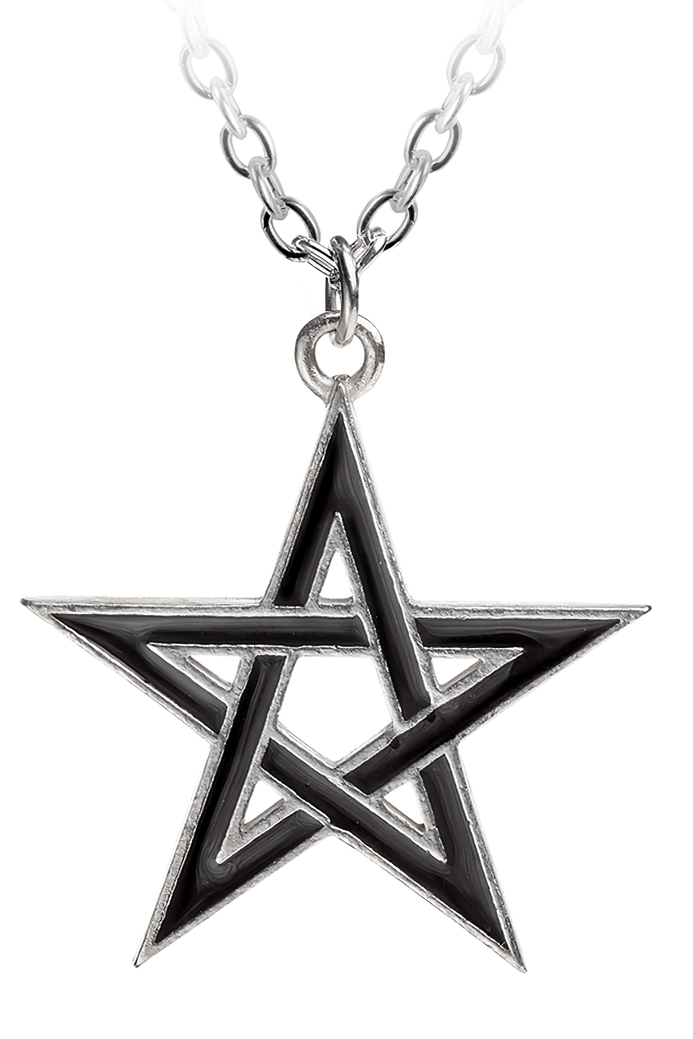 Gothic silver pentagram pendant necklace with black detailing for witchy and dark fashion styles.