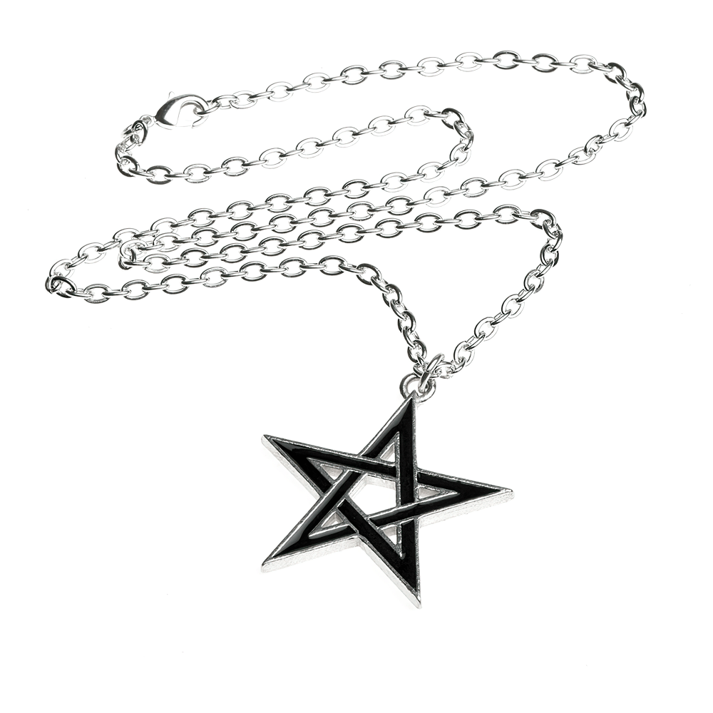 Gothic pentagram pendant necklace in silver and black with a chic silver chain, perfect for witchy fashion.