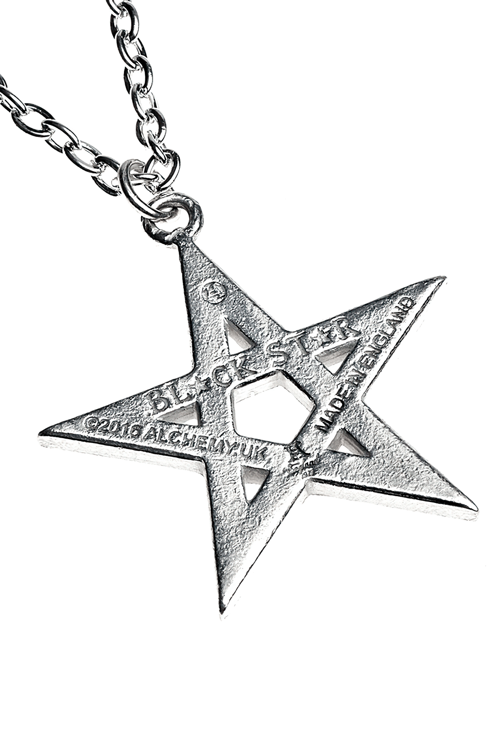 Gothic silver pentagram pendant on a chain, showcasing occult symbolism and dark fashion flair.