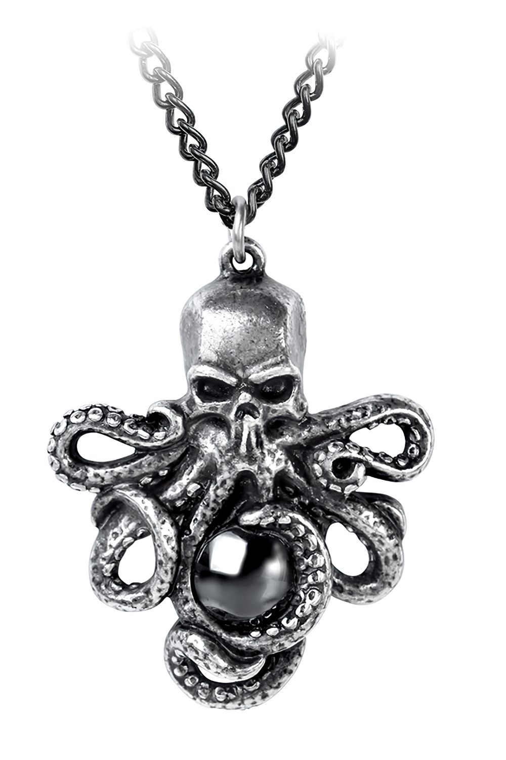 Gothic octopus skull pendant with graphite stone, perfect for lovers of dark ocean aesthetics.