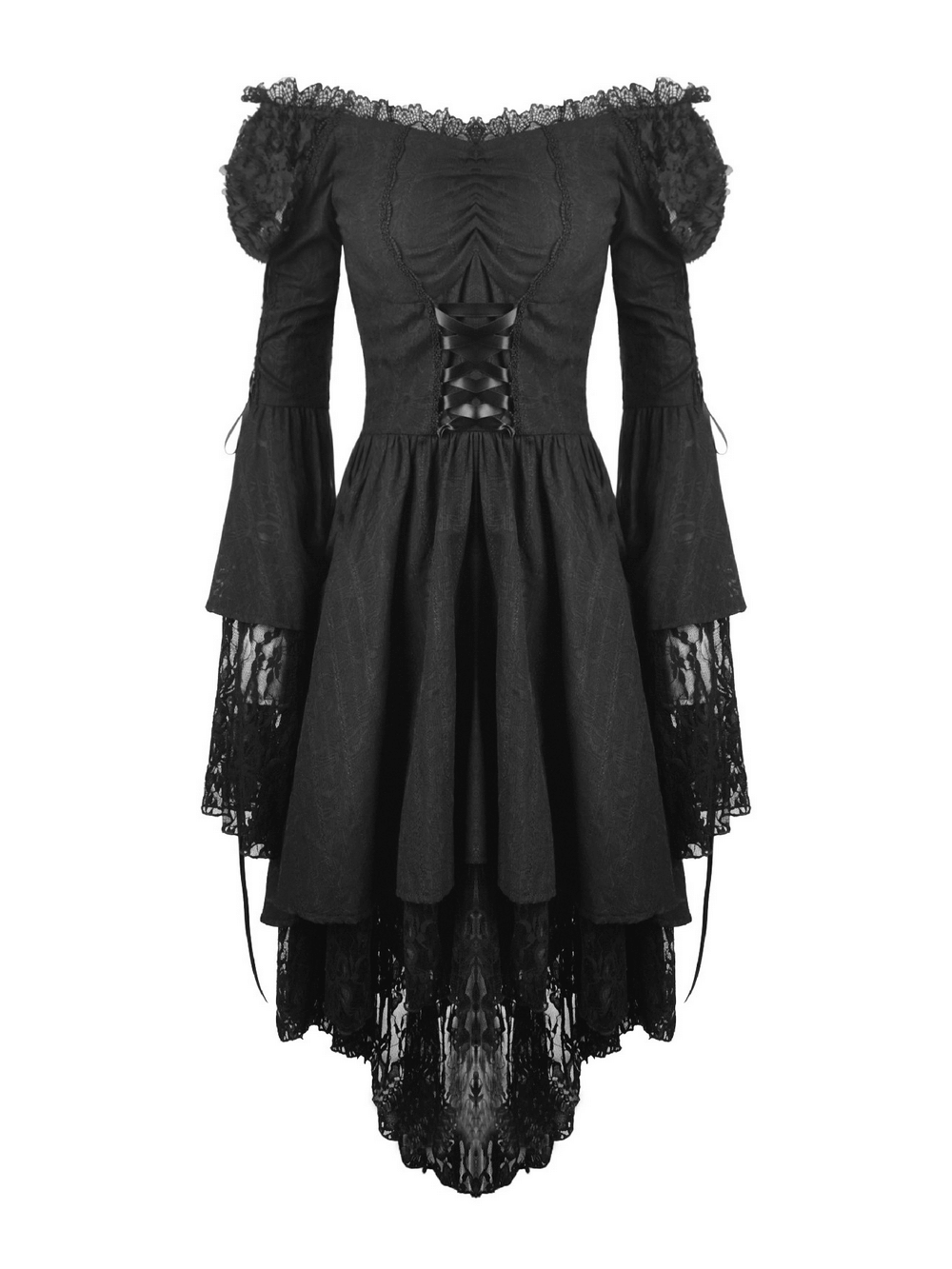 Gothic off shoulder black lace-up corset dress with bell sleeves and lace detailing, perfect for a darkly romantic look.