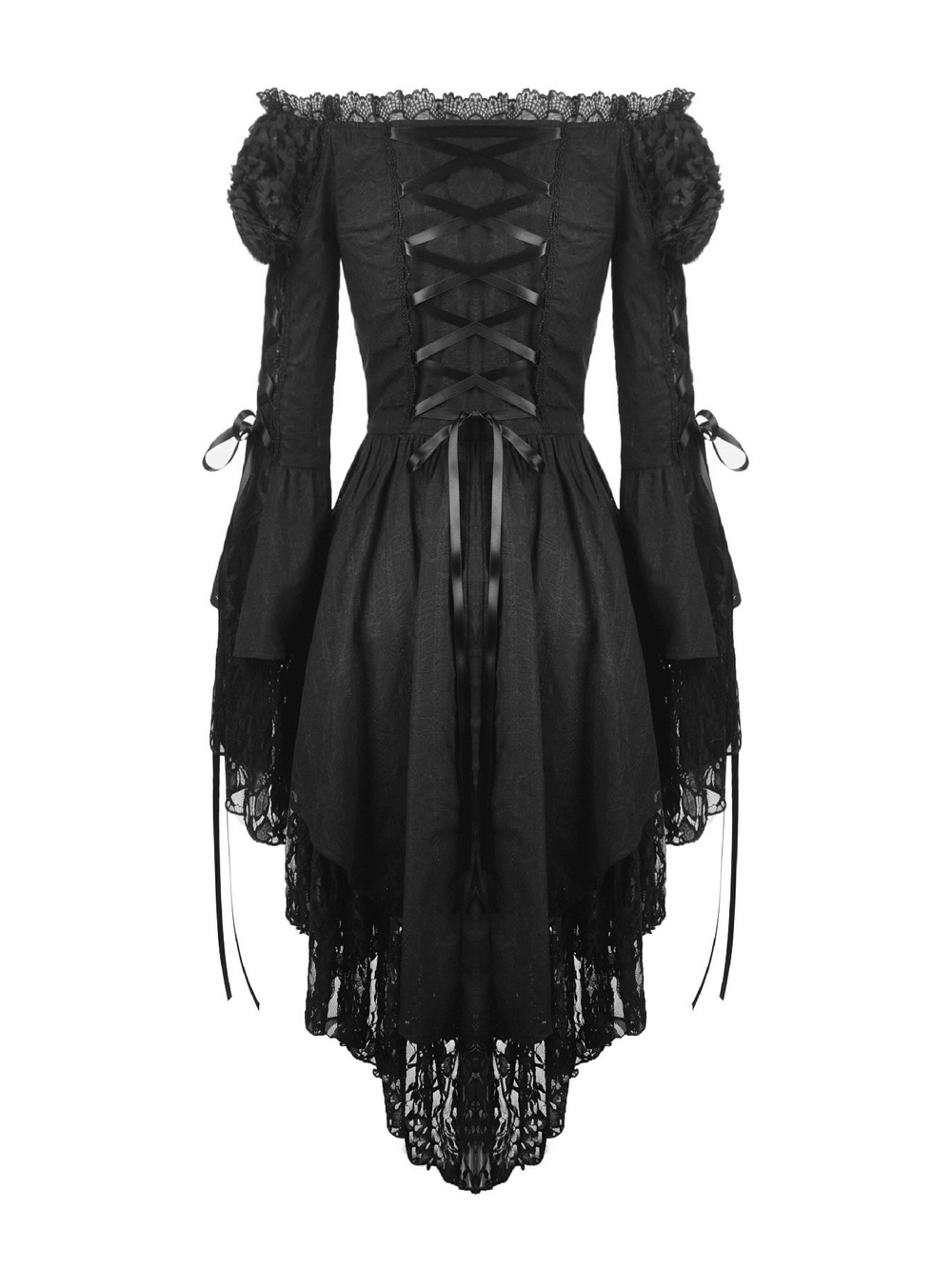 Gothic off-shoulder black lace-up corset dress with flowing sleeves and intricate lace details.
