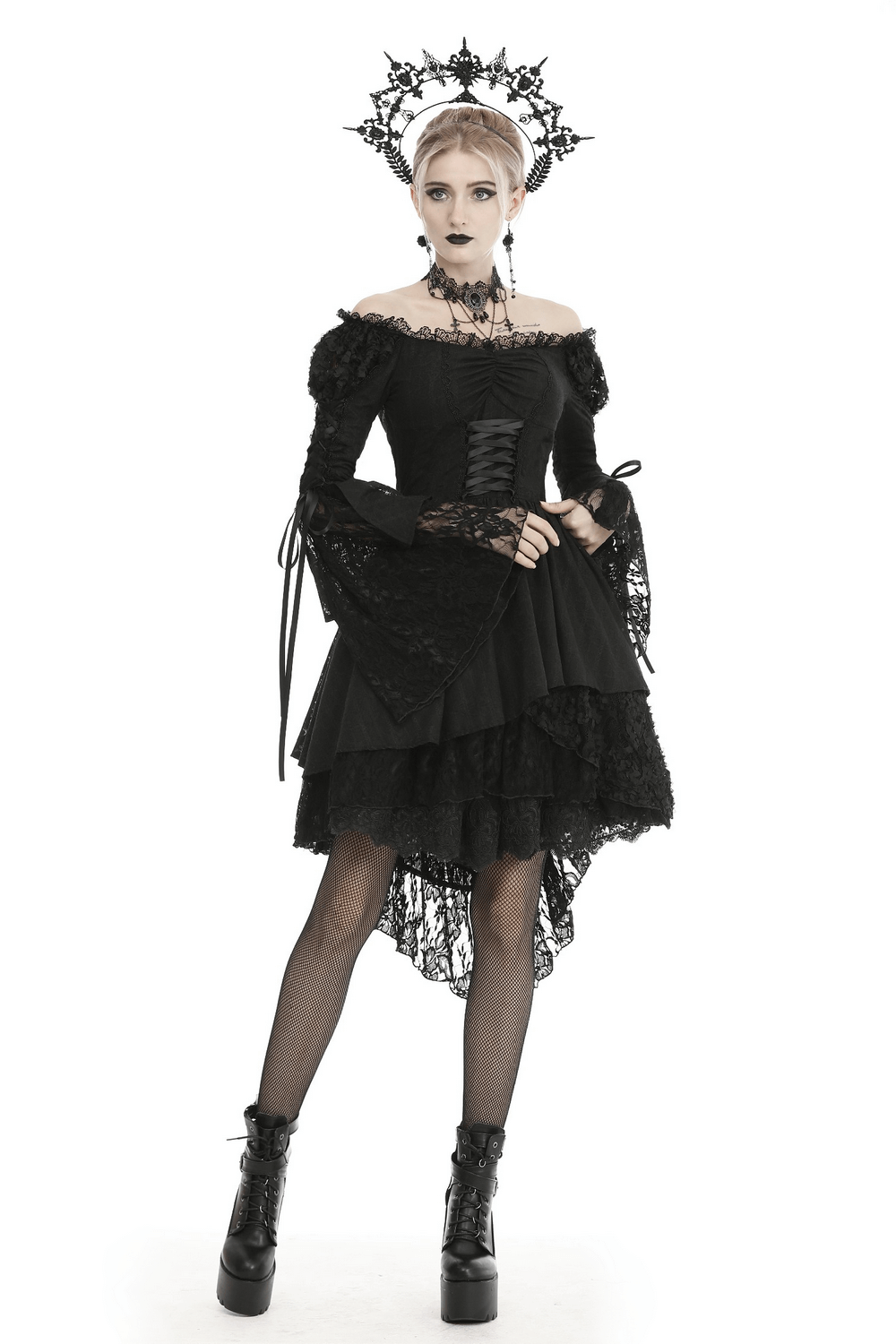 Gothic off shoulder black lace corset dress with bell sleeves, perfect for a dramatic, stylish look.