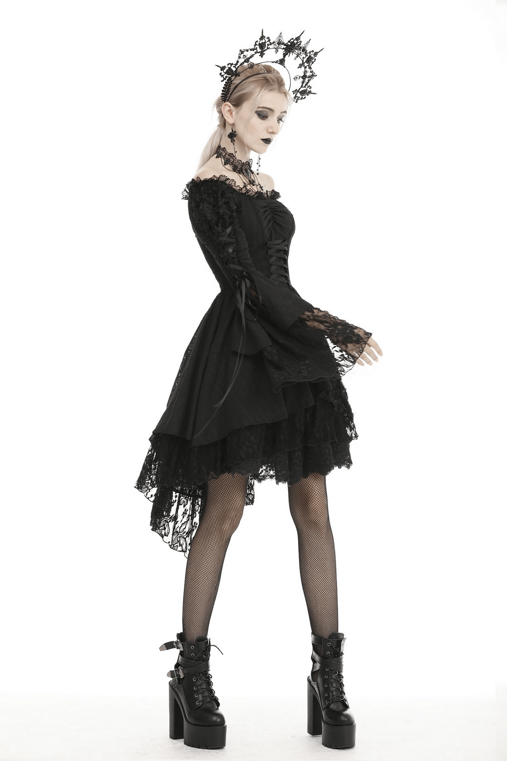 Gothic off-shoulder black lace-up corset dress with layered lace and stylish gothic accessories.