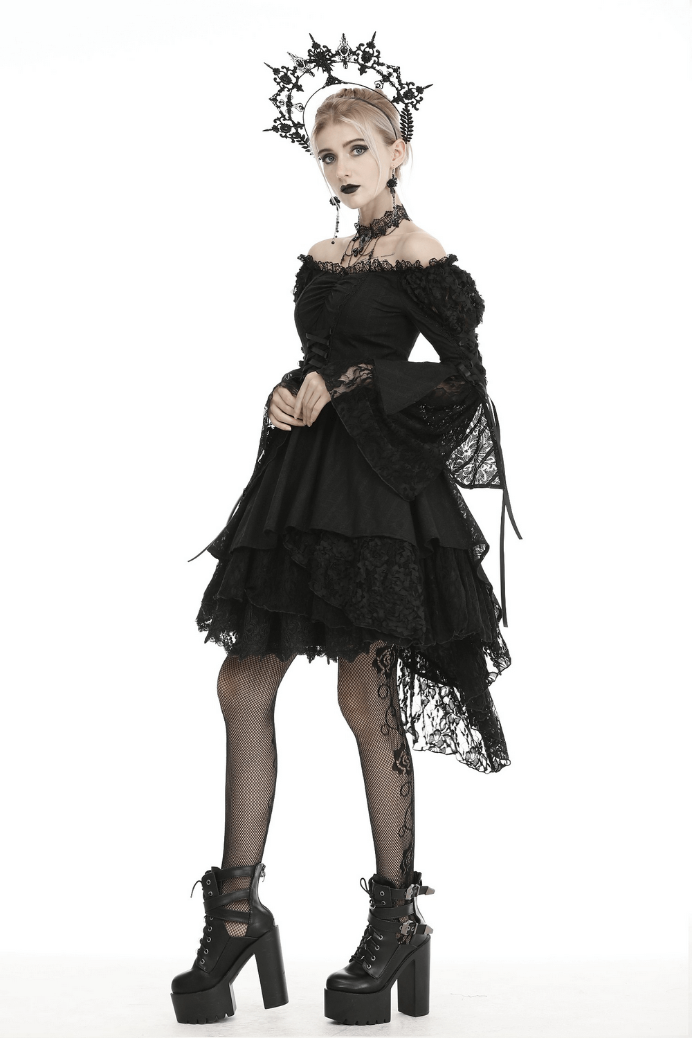 Gothic off shoulder black lace-up corset dress with layered lace, paired with striking platform boots and accessories.