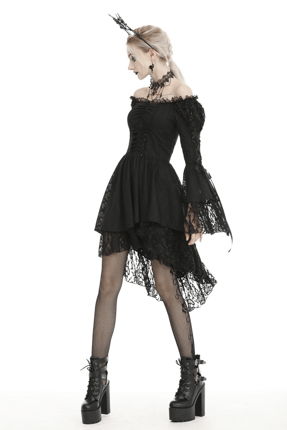 Gothic off shoulder black lace-up corset dress with elegant lace details and edgy style.