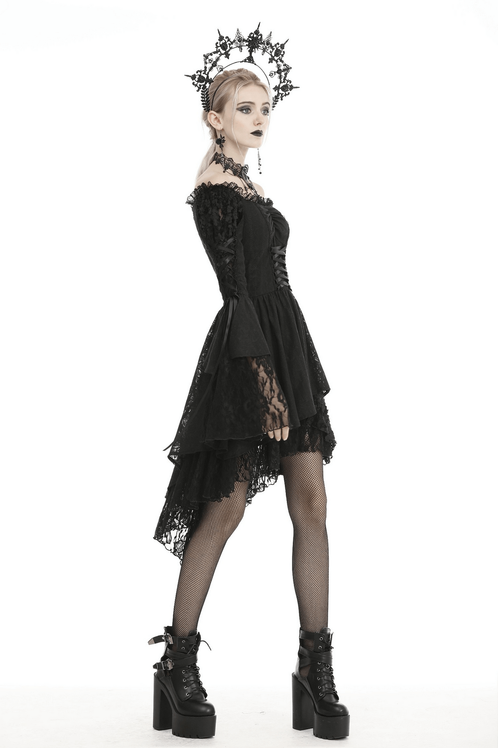Gothic off shoulder black lace-up corset dress with lace accents and platform boots, perfect for a darkly elegant look.