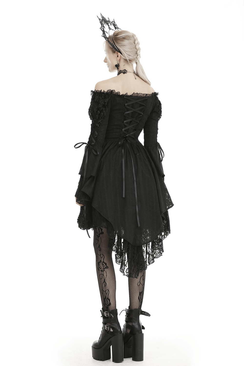 Gothic off shoulder black lace-up corset dress with gothic accessories, perfect for dark fashion enthusiasts.