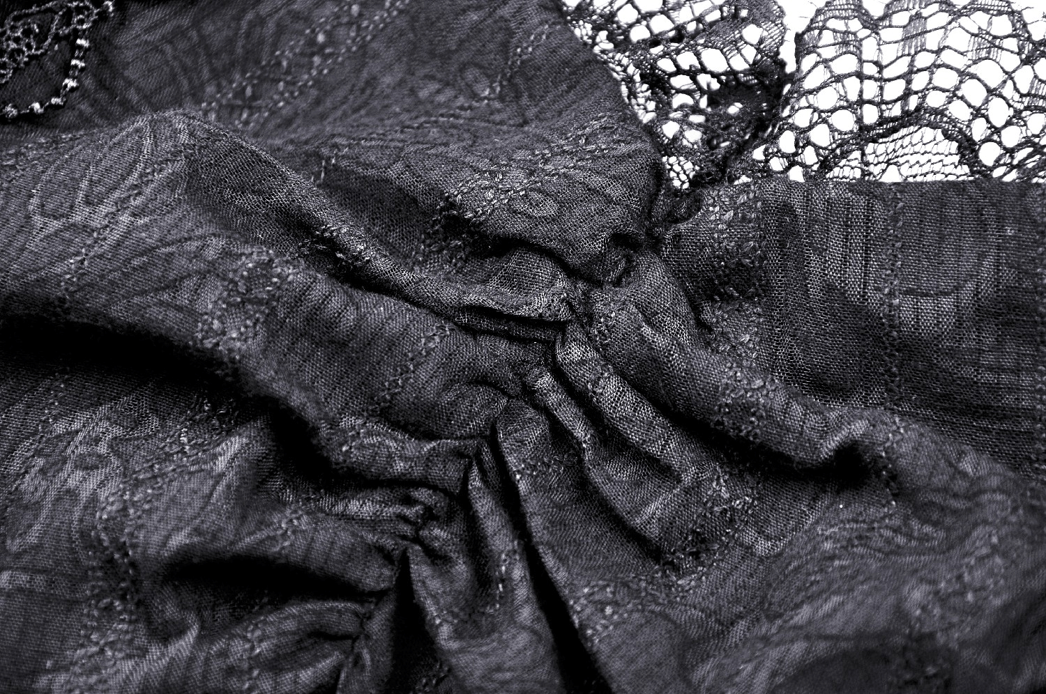 Close-up of intricate black lace fabric for a Gothic off-shoulder corset dress, showcasing detailed texture and design.