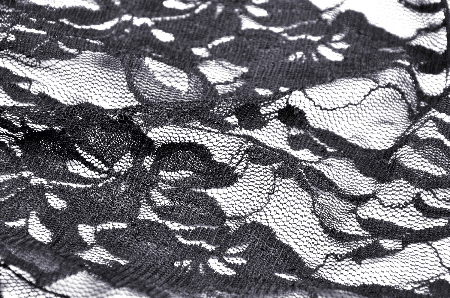 Close-up of intricate black lace fabric with floral patterns, perfect for gothic fashion designs.