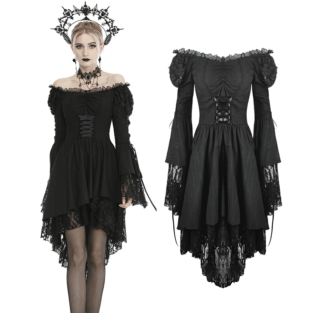 Gothic off shoulder black lace-up corset dress featuring lace details and flowing skirt, perfect for elegant dark fashion.