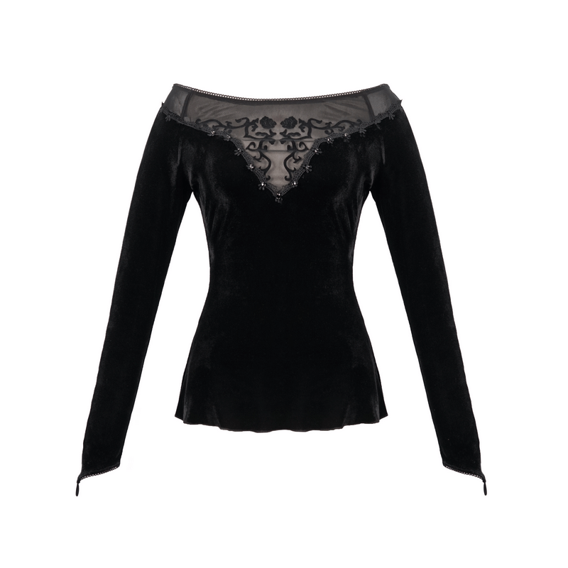 Gothic off shoulder black velvet floral embroidered top for women, featuring elegant long sleeves and vintage design.