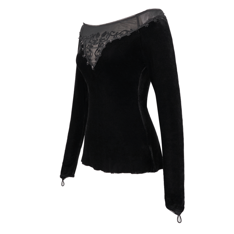 Gothic off-shoulder black velvet top with floral embroidery and long sleeves, perfect for an elegant look.