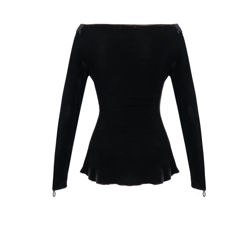Back view of women's gothic off shoulder black velvet top with long sleeves and vintage hemline.