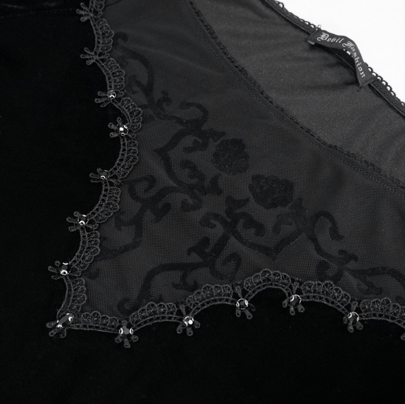 Elegant black velvet top featuring intricate floral embroidery and lace detailing, perfect for gothic fashion lovers.