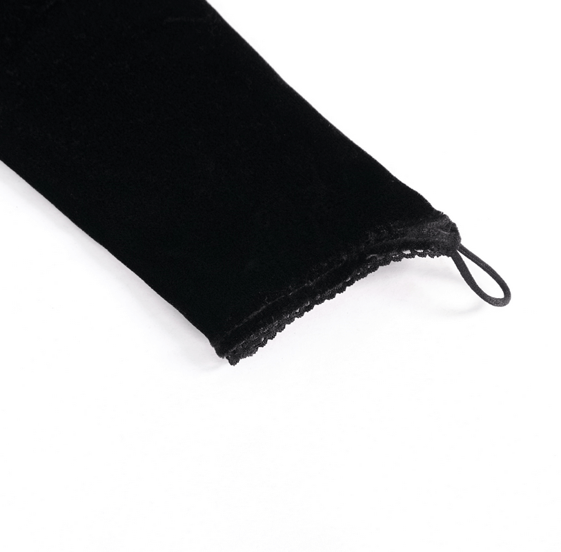 Close-up of the sleeve of a women's black velvet gothic top showcasing the elegant texture and design.