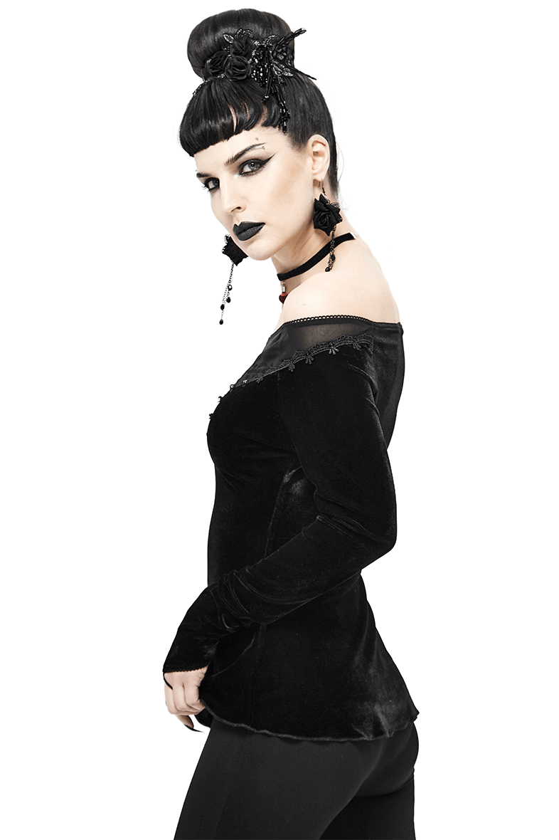 Gothic off shoulder black velvet top on elegant model with alternative fashion style.