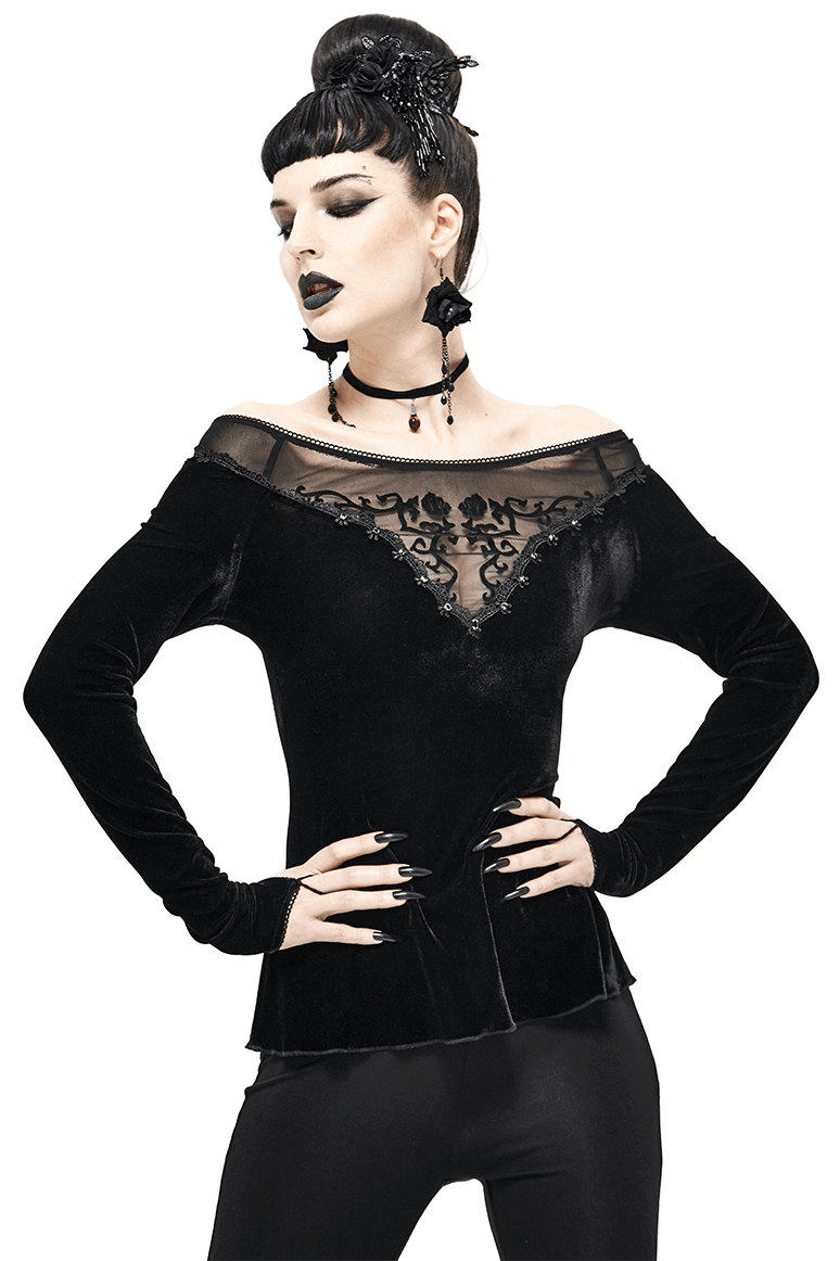 Gothic Off Shoulder Floral Embroidered Top / Women's Long Sleeve Velvet Top - HARD'N'HEAVY