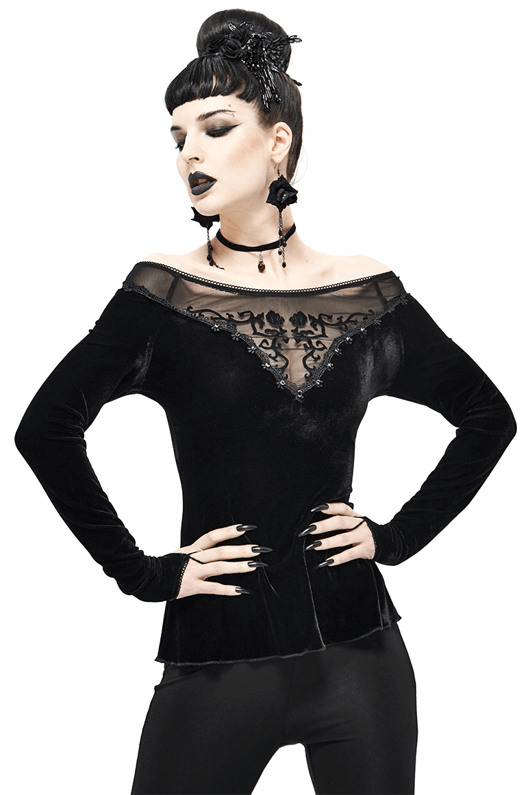Gothic off shoulder floral embroidered black velvet top for women, perfect for elegant vintage-inspired outfits.