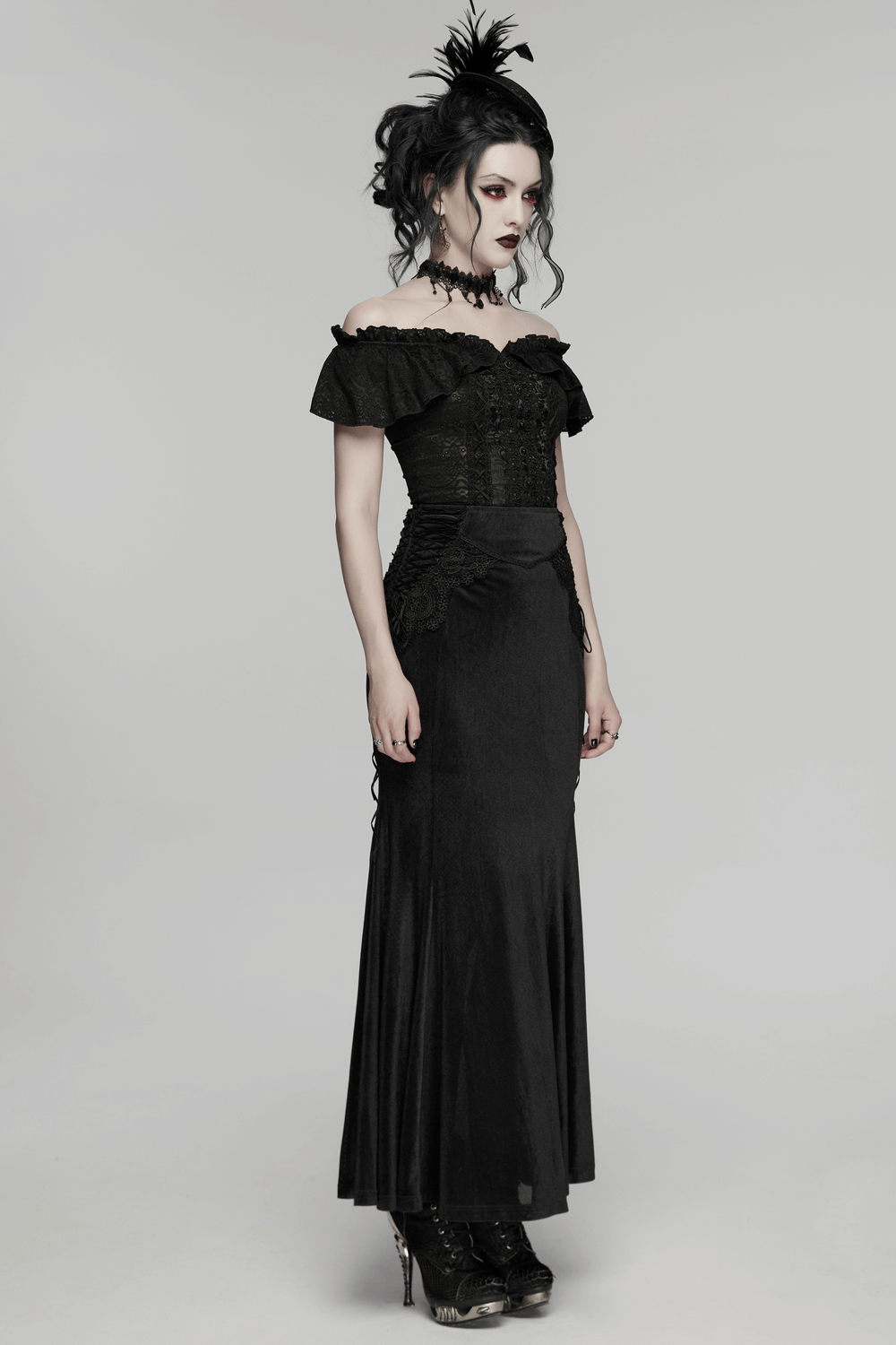 Gothic Off Shoulder Lace Corset Top with Ruffles worn by a model, showcasing elegant draped sleeves and Victorian details.