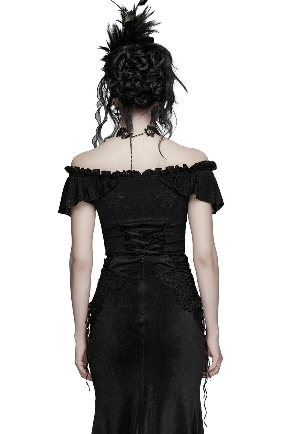 Gothic Off Shoulder Lace Corset Top with Ruffles, showcasing elegant ruffles and detailed lace from the back.
