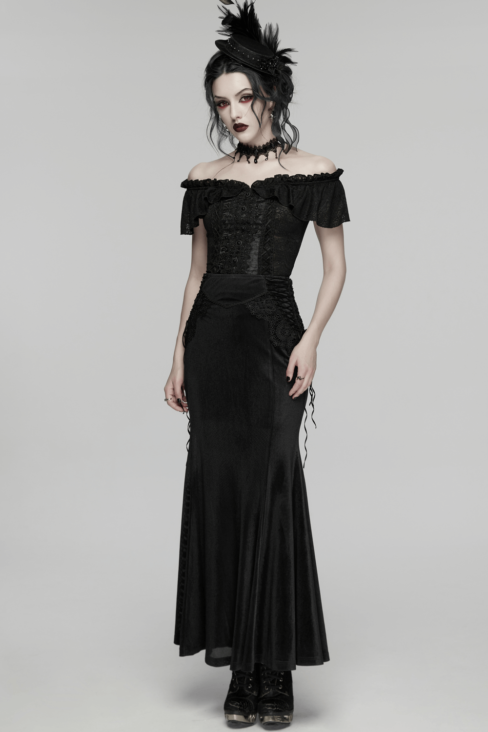 Gothic Off Shoulder Lace Corset Top with Ruffles worn elegantly, showcasing Victorian details and gothic style.