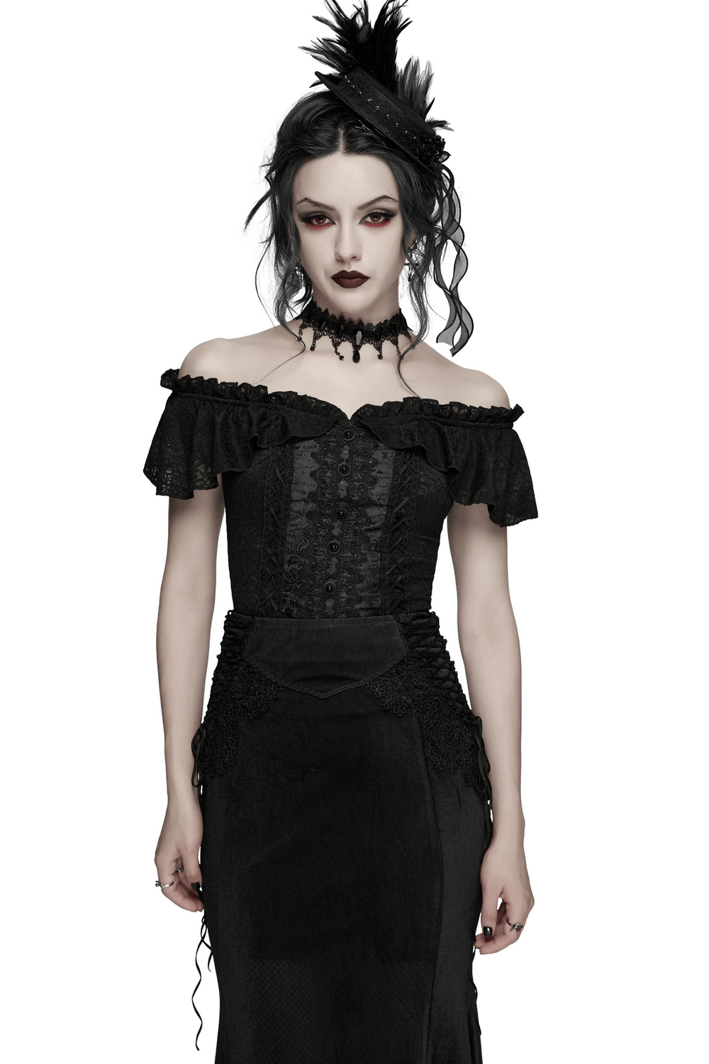 Gothic Off Shoulder Lace Corset Top with Ruffles, featuring elegant off-shoulder design and Victorian-inspired details.