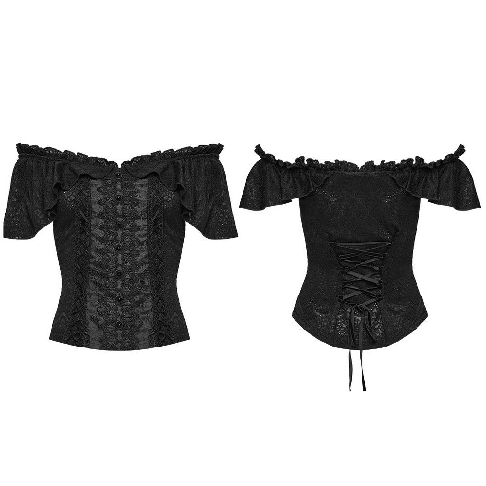 Gothic Off Shoulder Lace Corset Top with Ruffles showcasing intricate lace and ruffle details.