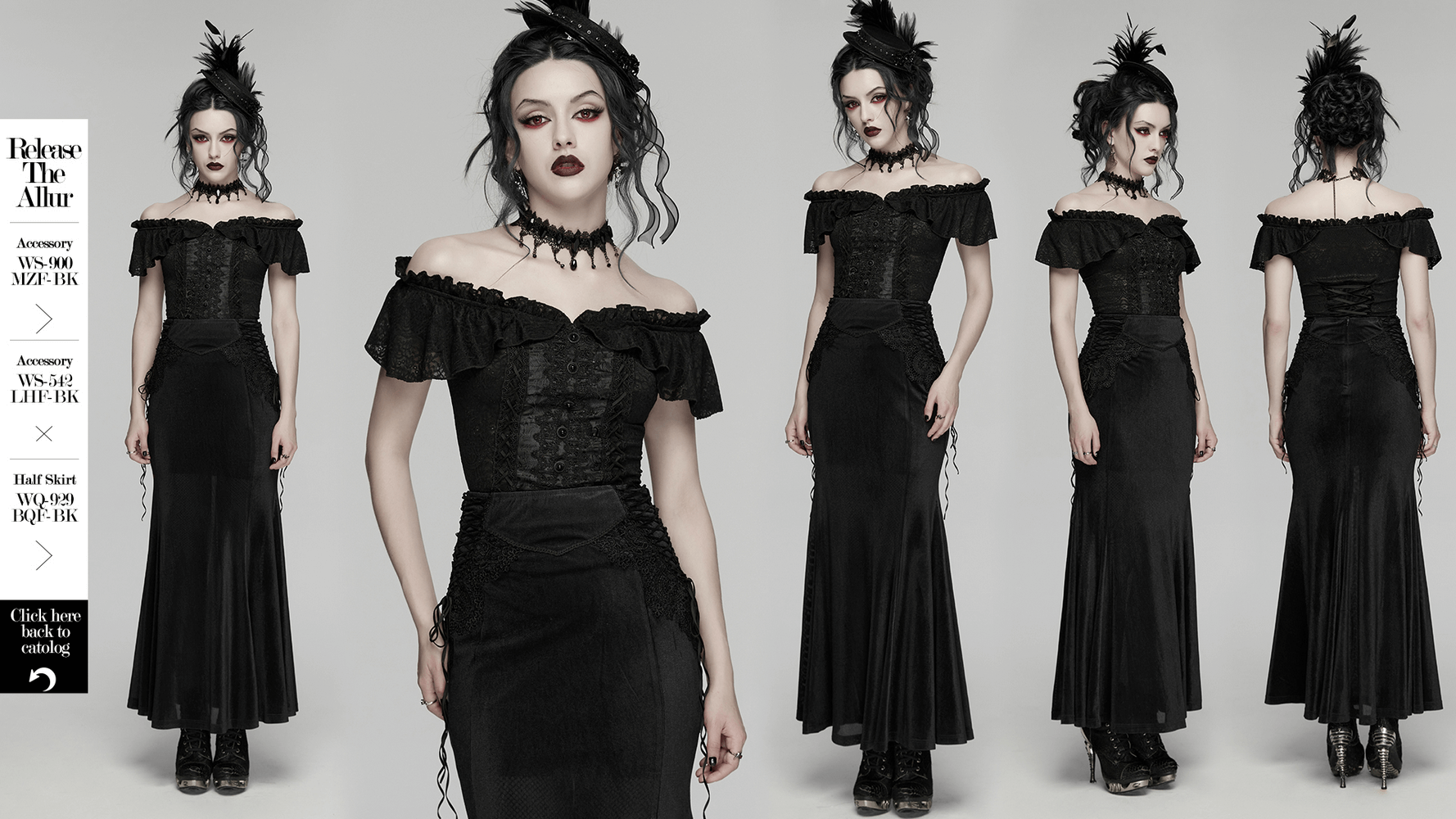 Gothic Off Shoulder Lace Corset Top with Ruffles displayed on a model wearing ruffled sleeves and a cinched waist.