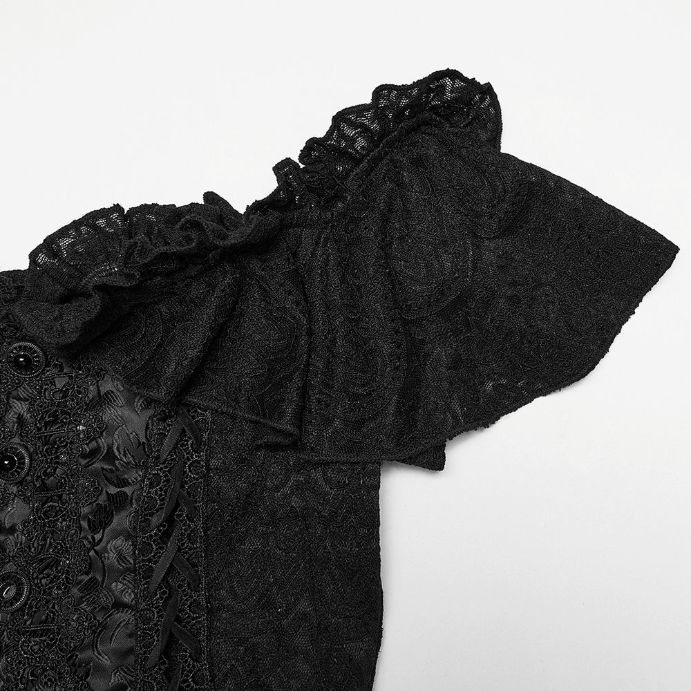 Gothic Off Shoulder Lace Corset Top with Ruffles detail showing ruffled sleeve and lace fabric texture.