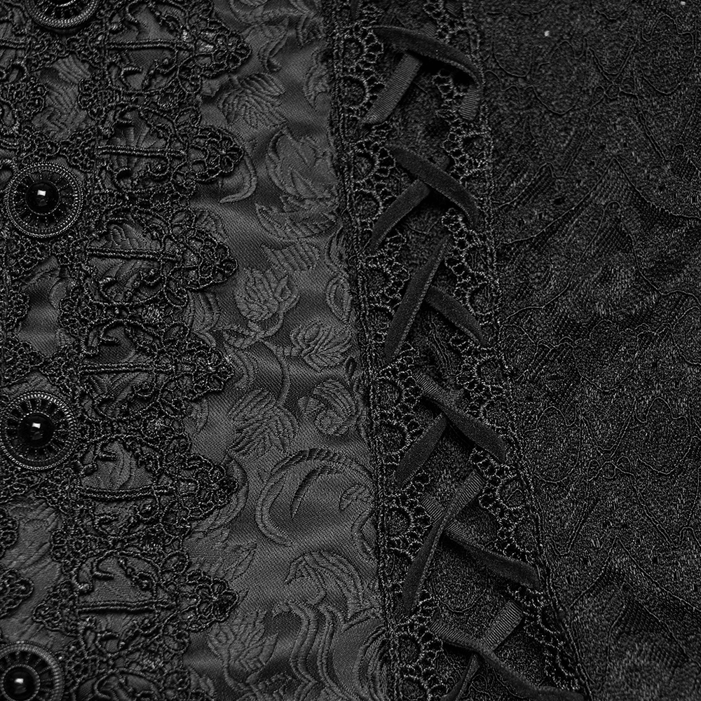 Gothic Off Shoulder Lace Corset Top with Ruffles showing detailed lace and jacquard fabric, buttons, and ruffles.