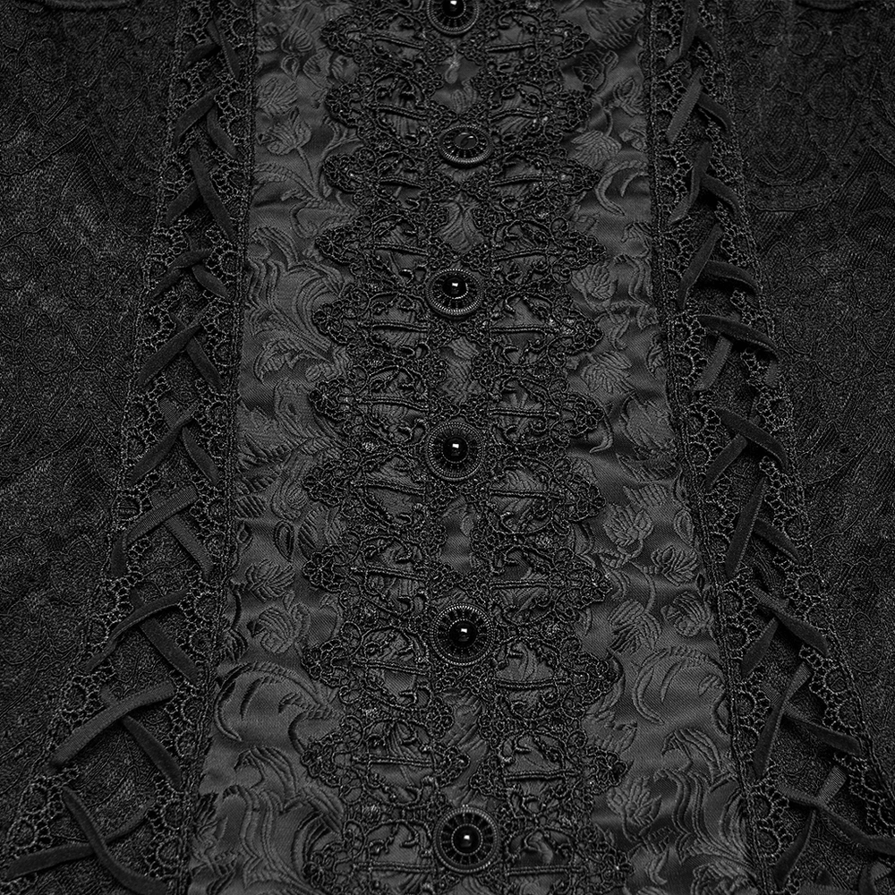 Close-up of the Gothic Off Shoulder Lace Corset Top with Ruffles detailing buttons and lace embellishments.