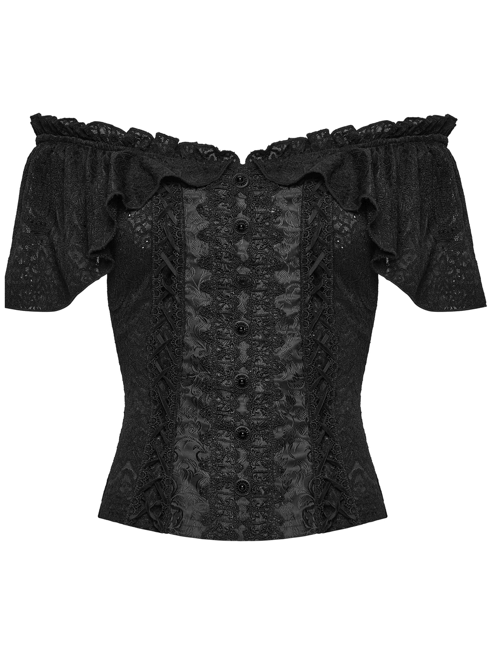 Gothic Off Shoulder Lace Corset Top with Ruffles featuring elegant draped sleeves and Victorian detail.