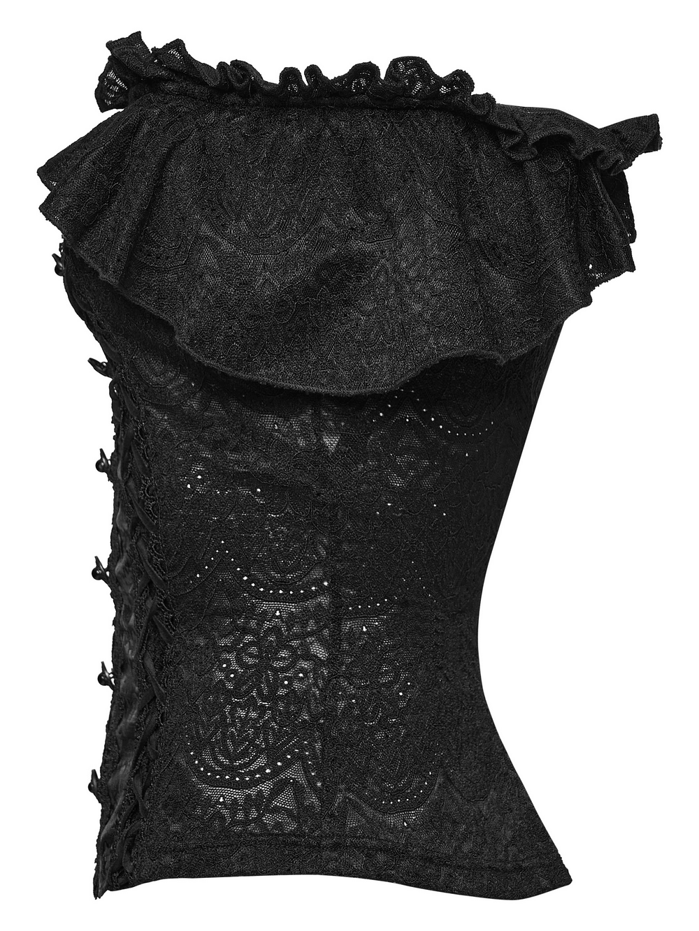 Gothic Off Shoulder Lace Corset Top with Ruffles showcasing elegant lace and ruffles in black.