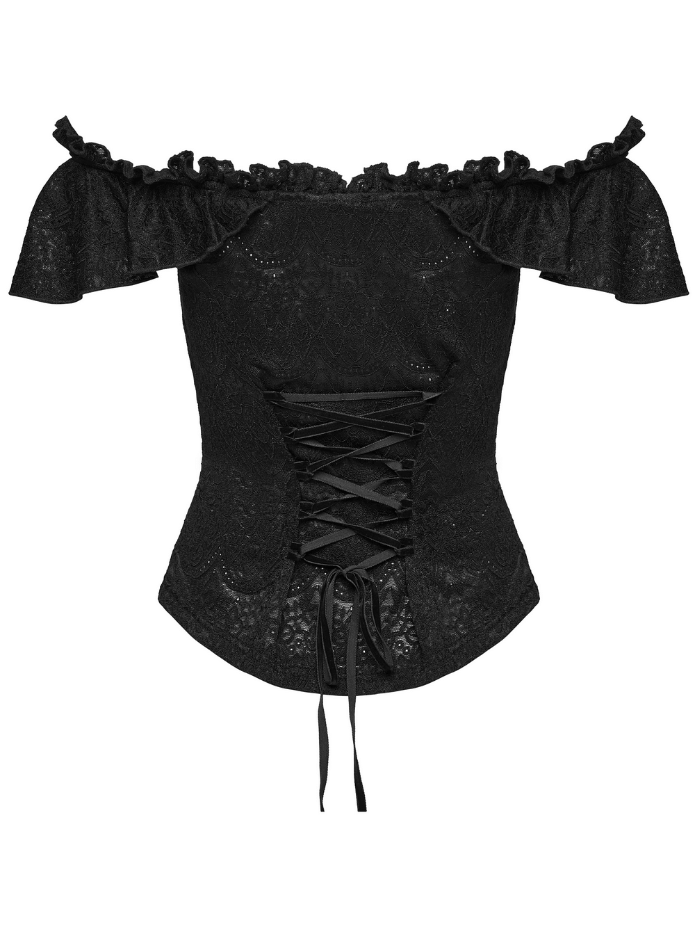 Gothic Off Shoulder Lace Corset Top with Ruffles featuring elegant ruffles and lace-up back detail.
