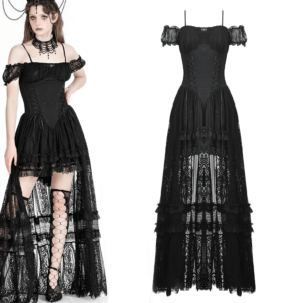 Gothic off-shoulder lace high-low dress for women, perfect for Halloween and costume parties.