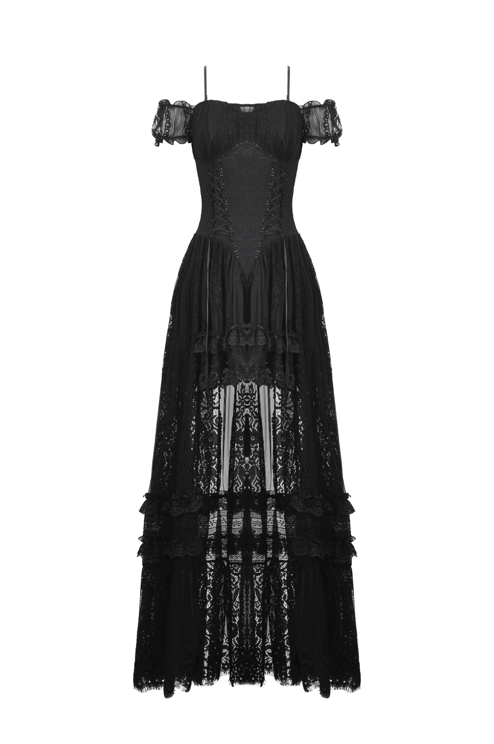Gothic off-shoulder lace high-low dress for women, perfect for Halloween or costume parties.