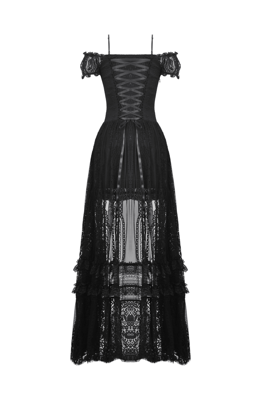 Gothic off-shoulder lace high-low dress for women, featuring intricate black lace and ruffles.