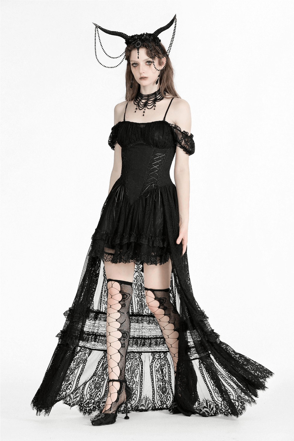 Gothic off-shoulder lace high-low dress, perfect for bold looks and special occasions.